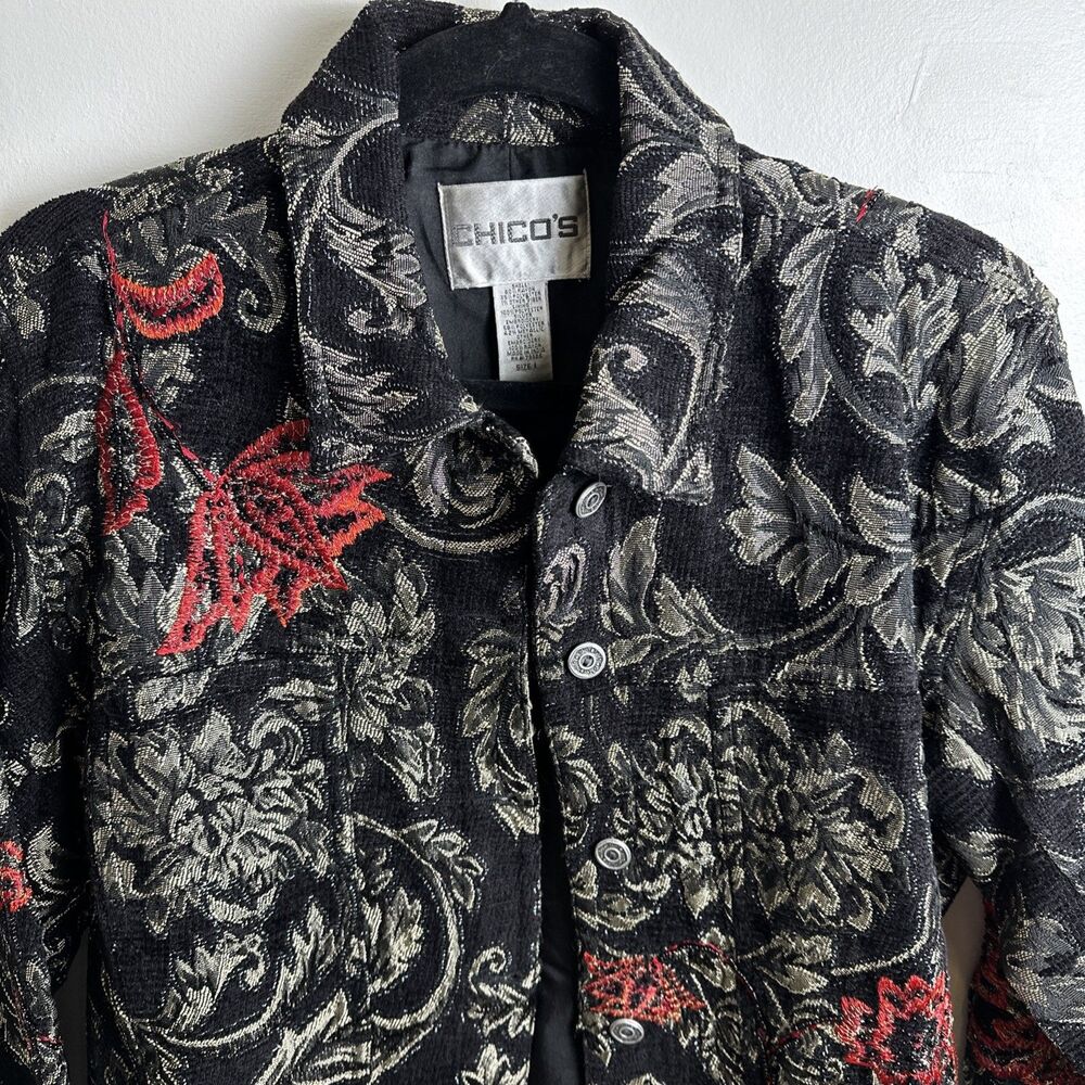 Women’s Chicos Embroidered Beaded Black Gold Red Blazer Jacket Career Size 1 - Picture 3 of 14